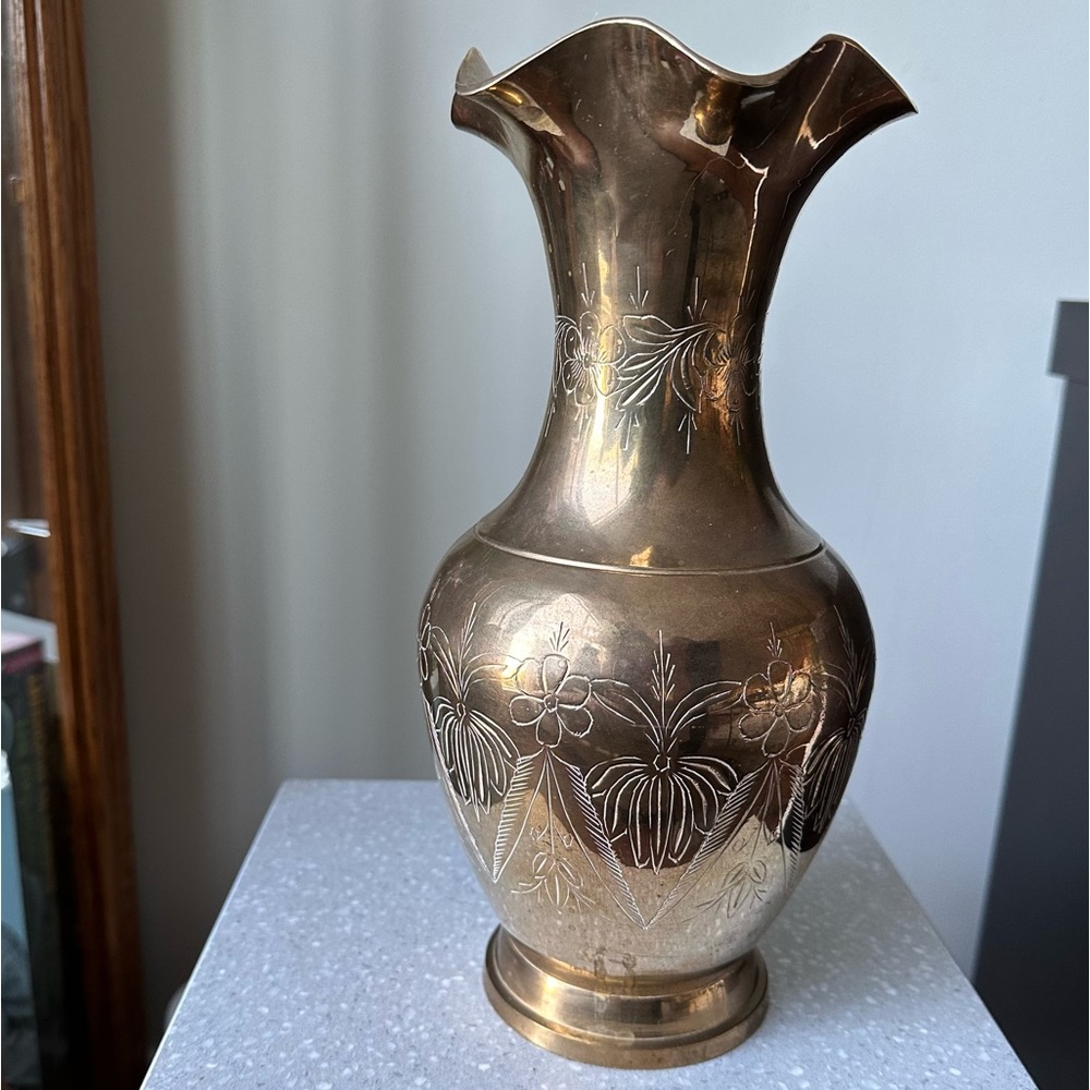 Tall 10.5” Vintage Etched Brass Vase Made in India Fluted MCM